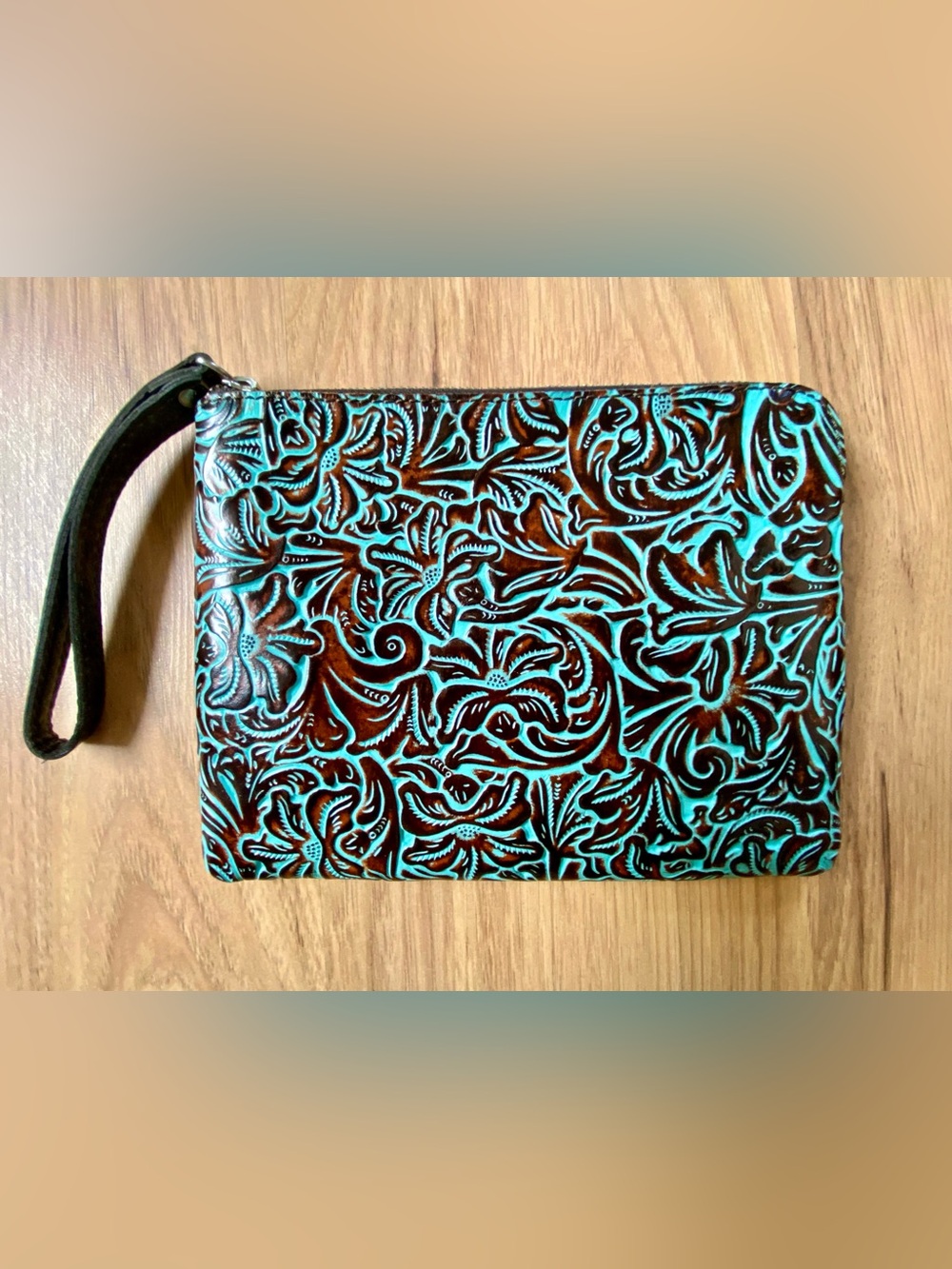 Turquoise and Brown Tooled Floral Leather Clutch